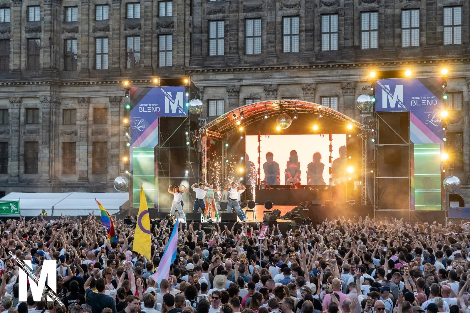 Wide view of the packed crowd and mainstage on Dam Square, MainStage Pride Amsterdam 2026